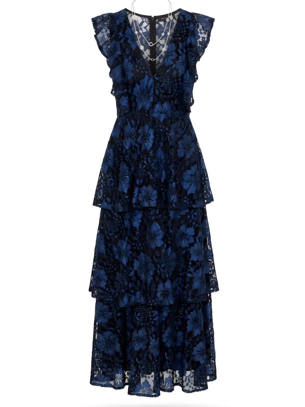 Lulus Navy Floral Lace Ruffle Sleeve Maxi Dress